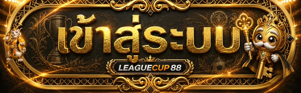 หน้าป้ายเข้าสู่ระบบ Leaguecup88 โทนดำส้มพร้อมตัวละคร PG Soft